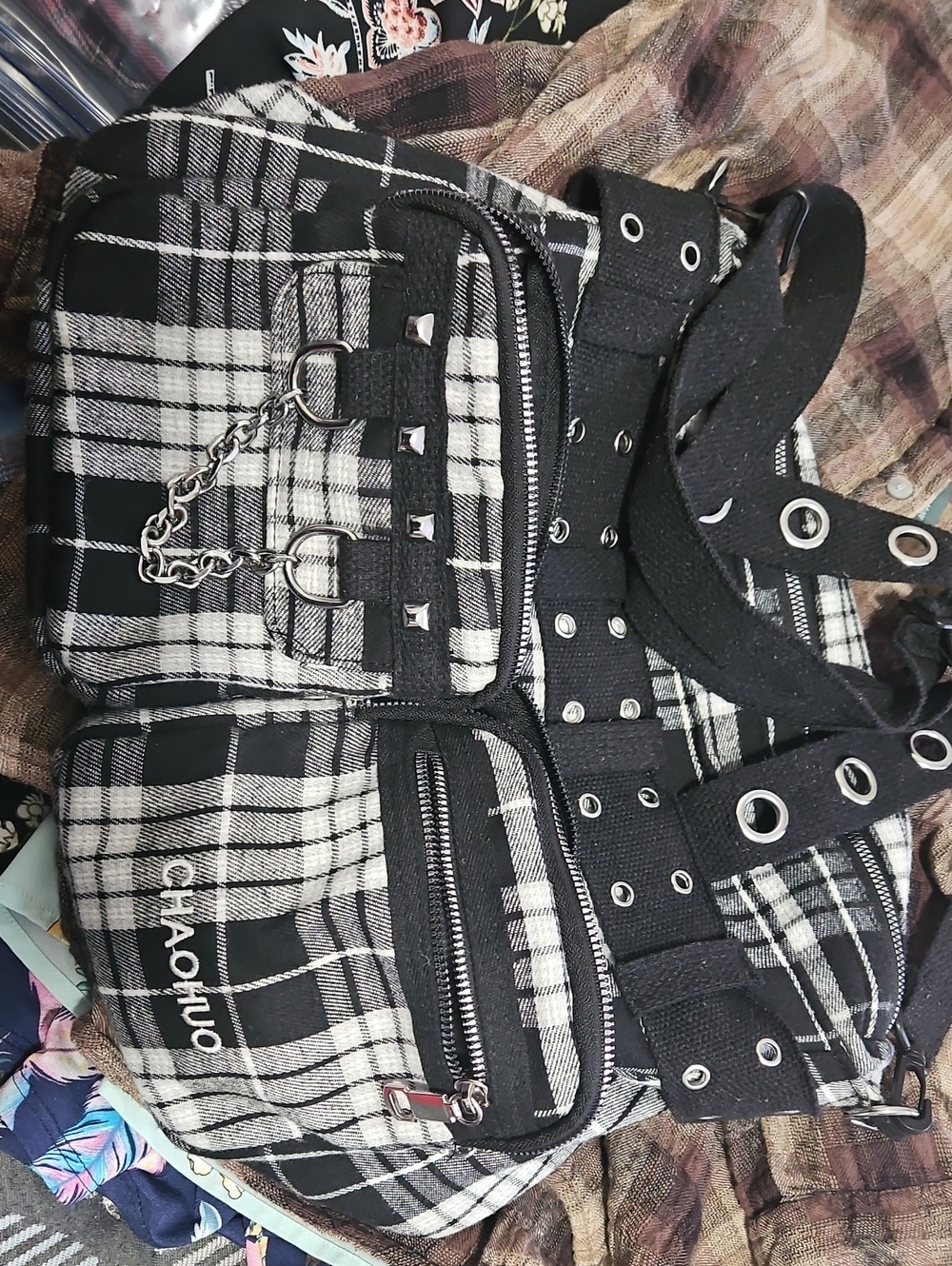 Plaid Black & White Shoulder Bag with Chain Accents